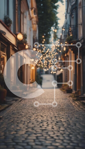 Intra Συλλεκτικό Ξύλινο Παζλ Plywood  4mm - Γοητευτική λιθόστρωτη οδός με φώτα χορδών στο σούρουπο Σε Ξύλινο Κουτί - Διαστάσεις Puzzle: 10x10 cm – 25 κομμάτια