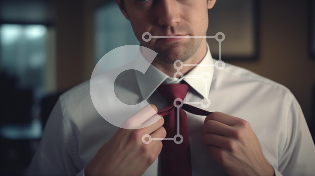 Intra Συλλεκτικό Ξύλινο Παζλ Plywood  4mm - Άνδρας που προσαρμόζει την κόκκινη γραβάτα σε ρύθμιση γραφείου Σε Ξύλινο Κουτί - Διαστάσεις Puzzle: 10x10 cm – 25 κομμάτια