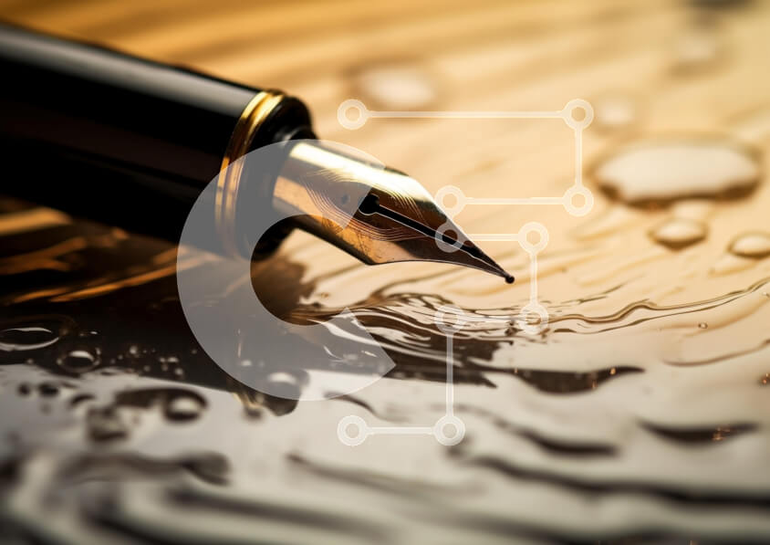 Intra Συλλεκτικό Ξύλινο Παζλ Plywood  4mm - Κοντινό πλάνο ενός στυλό σε ανακλαστική επιφάνεια με σταγονίδια νερού Σε Ξύλινο Κουτί - Διαστάσεις: 10x10 cm – 25 κομμάτια