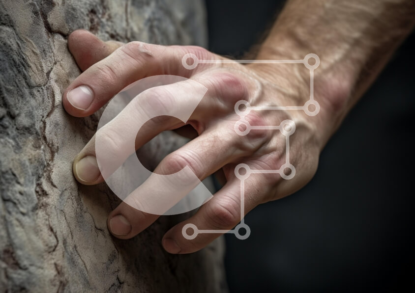 Intra Συλλεκτικό Ξύλινο Παζλ Plywood  4mm - Κοντινό πλάνο του χεριού ενός ορειβάτη που πιάνει έναν βράχο Σε Ξύλινο Κουτί - Διαστάσεις Puzzle: 10x10 cm – 25 κομμάτια