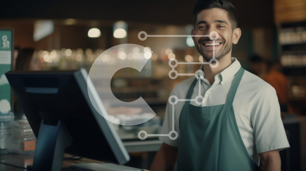 Intra Συλλεκτικό Ξύλινο Παζλ Plywood  4mm - Χαμογελαστός Άνδρας Ταμίας σε Περιβάλλον Λιανικής Σε Ξύλινο Κουτί - Διαστάσεις Puzzle: 10x10 cm – 25 κομμάτια