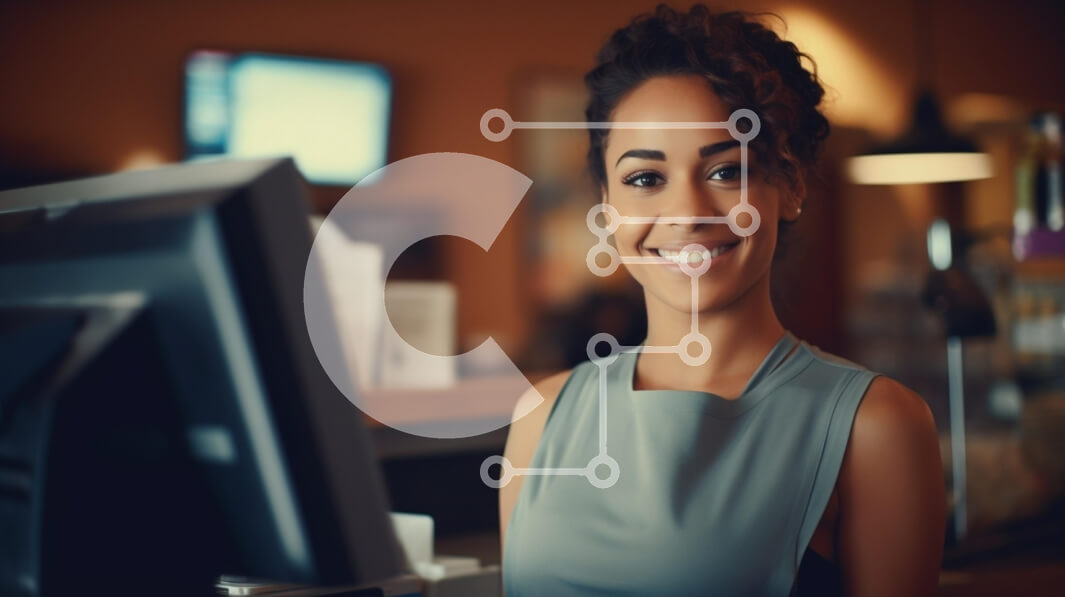 Intra Συλλεκτικό Ξύλινο Παζλ Plywood  4mm - Χαμογελαστός ρεσεψιονίστ σε ένα άνετο εσωτερικό Σε Ξύλινο Κουτί - Διαστάσεις Puzzle: 10x10 cm – 25 κομμάτια