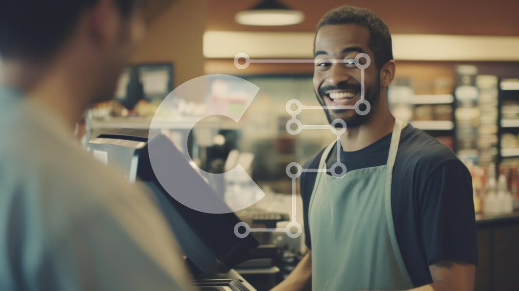 Intra Συλλεκτικό Ξύλινο Παζλ Plywood  4mm - Χαρούμενος ταμίας σε καφετέρια Σε Ξύλινο Κουτί - Διαστάσεις Puzzle: 10x10 cm – 25 κομμάτια