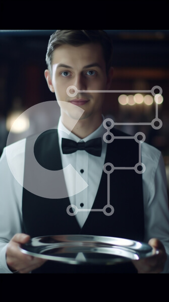 Intra Συλλεκτικό Ξύλινο Παζλ Plywood  4mm - Νεαρός άνδρας σερβιτόρος με επίσημη ενδυμασία που κρατά ένα δίσκο σερβιρίσματος Σε Ξύλινο Κουτί - Διαστάσεις Puzzle: 10x10 cm – 25 κομμάτια