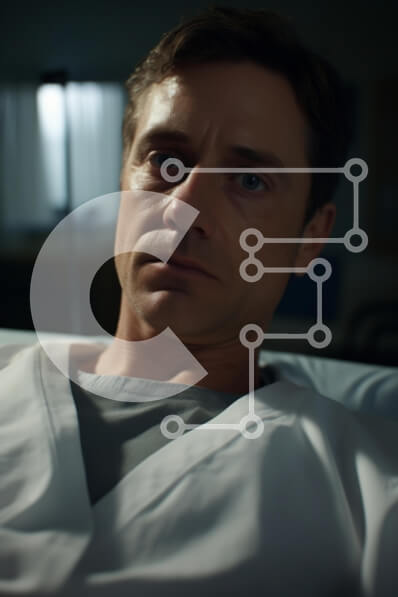 Intra Συλλεκτικό Ξύλινο Παζλ Plywood  4mm - Άνδρας σε νοσοκομειακό κρεβάτι με σοβαρή έκφραση Σε Ξύλινο Κουτί - Διαστάσεις Puzzle: 10x10 cm – 25 κομμάτια