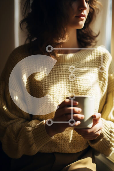 Intra Συλλεκτικό Ξύλινο Παζλ Plywood  4mm - Γυναίκα με άνετο πουλόβερ που κρατά ένα φλιτζάνι δίπλα στο παράθυρο Σε Ξύλινο Κουτί - Διαστάσεις Puzzle: 10x10 cm – 25 κομμάτια