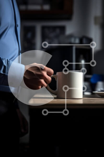 Intra Συλλεκτικό Ξύλινο Παζλ Plywood  4mm - Χέρι που κρατά μια λευκή κούπα καφέ σε ένα ζεστό περιβάλλον κουζίνας Σε Ξύλινο Κουτί - Διαστάσεις Puzzle: 10x10 cm – 25 κομμάτια