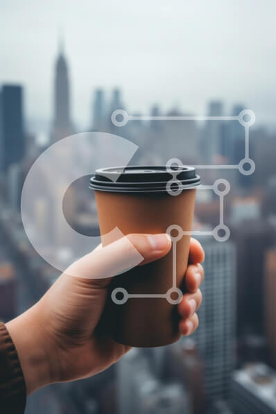 Intra Συλλεκτικό Ξύλινο Παζλ Plywood  4mm - Χέρι που κρατά το φλιτζάνι καφέ με τον ορίζοντα της πόλης Σε Ξύλινο Κουτί - Διαστάσεις Puzzle: 10x10 cm – 25 κομμάτια