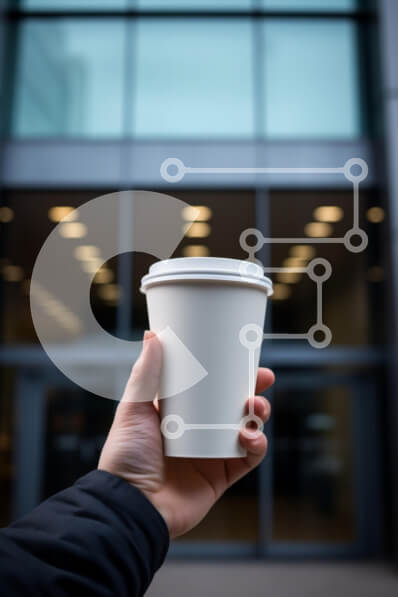 Σετ των 2 Intra Συλλεκτικό Ξύλινο Παζλ Plywood  4mm - Χέρι που κρατά το λευκό φλιτζάνι καφέ μπροστά από το σύγχρονο κτήριο Σε Ξύλινο Κουτί - Διαστάσεις: 10x10 cm – 25 κομμάτια