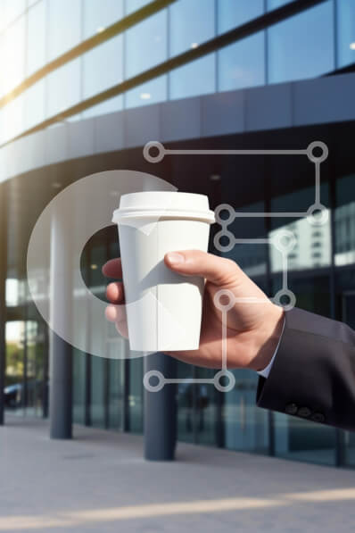 Intra Συλλεκτικό Ξύλινο Παζλ Plywood  4mm - Επαγγελματικό χέρι που κρατά ένα φλιτζάνι καφέ σε ένα σύγχρονο αστικό περιβάλλον Σε Ξύλινο Κουτί - Διαστάσεις Puzzle: 10x10 cm – 25 κομμάτια