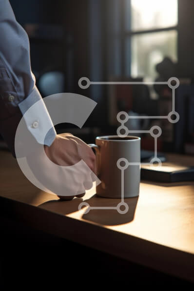 Intra Συλλεκτικό Ξύλινο Παζλ Plywood  4mm - Χέρι που κρατά μια κούπα καφέ σε ένα ξύλινο τραπέζι Σε Ξύλινο Κουτί - Διαστάσεις Puzzle: 10x10 cm – 25 κομμάτια