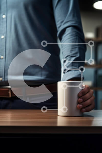 Intra Συλλεκτικό Ξύλινο Παζλ Plywood  4mm - Άτομο που κρατά μια κούπα σε ένα περιβάλλον γραφείου Σε Ξύλινο Κουτί - Διαστάσεις Puzzle: 10x10 cm – 25 κομμάτια