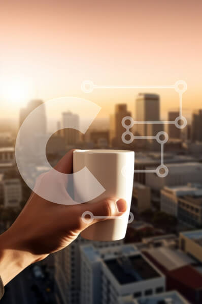 Intra Συλλεκτικό Ξύλινο Παζλ Plywood  4mm - Χέρι που κρατά μια κούπα με τον ορίζοντα της πόλης στο ηλιοβασίλεμα Σε Ξύλινο Κουτί - Διαστάσεις Puzzle: 10x10 cm – 25 κομμάτια