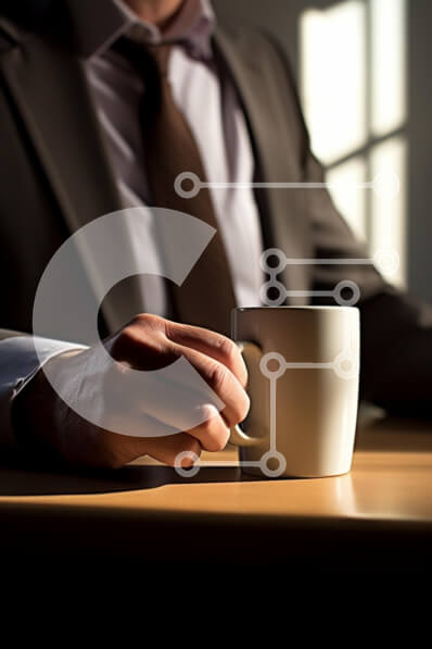 Intra Συλλεκτικό Ξύλινο Παζλ Plywood  4mm - Κοντινό πλάνο ενός επιχειρηματία που κρατά μια κούπα καφέ Σε Ξύλινο Κουτί - Διαστάσεις Puzzle: 10x10 cm – 25 κομμάτια