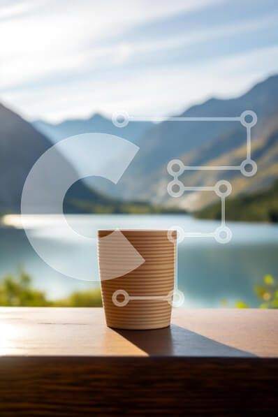 Σετ των 2 Intra Συλλεκτικό Ξύλινο Παζλ Plywood  4mm - Κεραμικό κύπελλο σε ξύλινο τραπέζι δίπλα στη λίμνη με τα βουνά Σε Ξύλινο Κουτί - Διαστάσεις: 10x10 cm – 25 κομμάτια