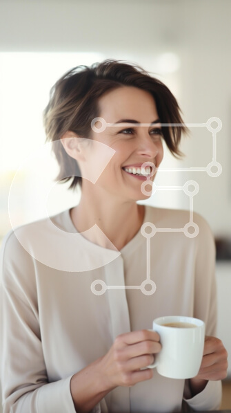 Intra Συλλεκτικό Ξύλινο Παζλ Plywood  4mm - Χαμογελαστή γυναίκα που κρατά ένα φλιτζάνι σε ένα φωτεινό εσωτερικό περιβάλλον Σε Ξύλινο Κουτί - Διαστάσεις Puzzle: 10x10 cm – 25 κομμάτια