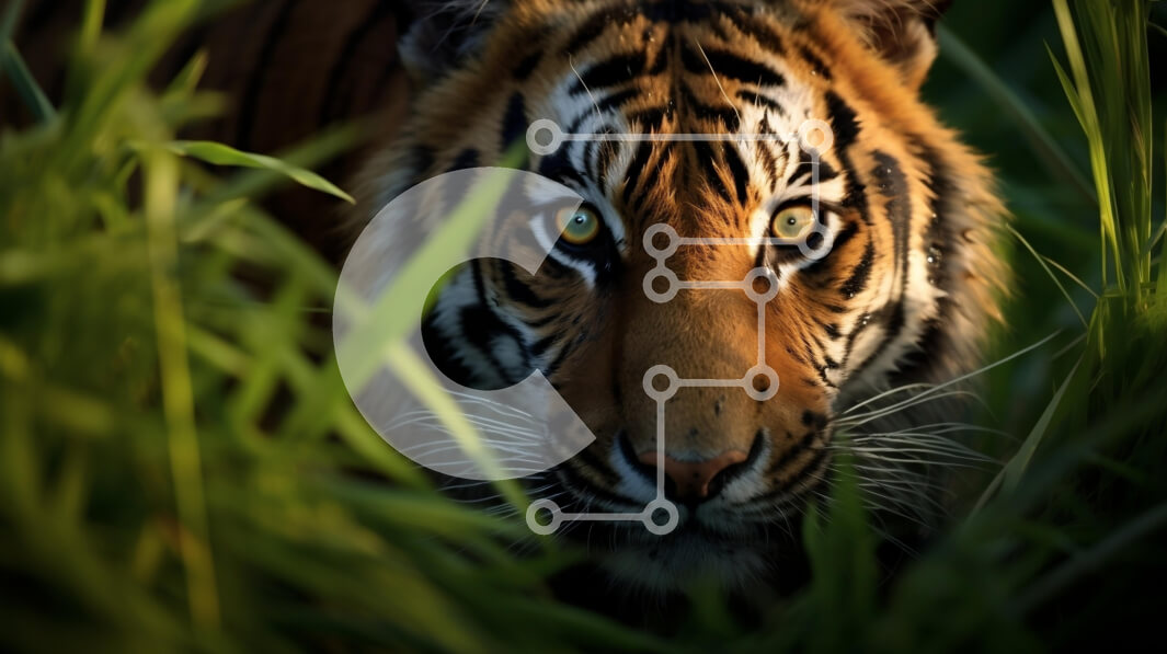 Σετ των 2 Intra Συλλεκτικό Ξύλινο Παζλ Plywood  4mm - Κοντινό πλάνο μιας τίγρης στο χορτώδη βιότοπο Σε Ξύλινο Κουτί - Διαστάσεις: 10x10 cm – 25 κομμάτια