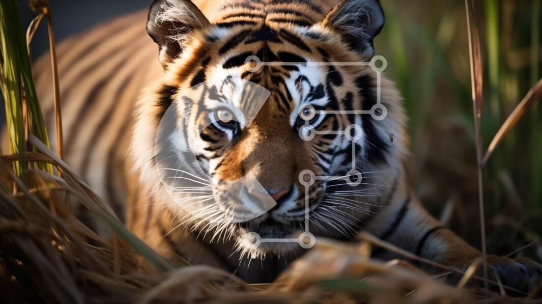 Intra Συλλεκτικό Ξύλινο Παζλ Plywood  4mm - Σκύβοντας τίγρη στο ψηλό γρασίδι Σε Ξύλινο Κουτί - Διαστάσεις: 10x10 cm – 25 κομμάτια