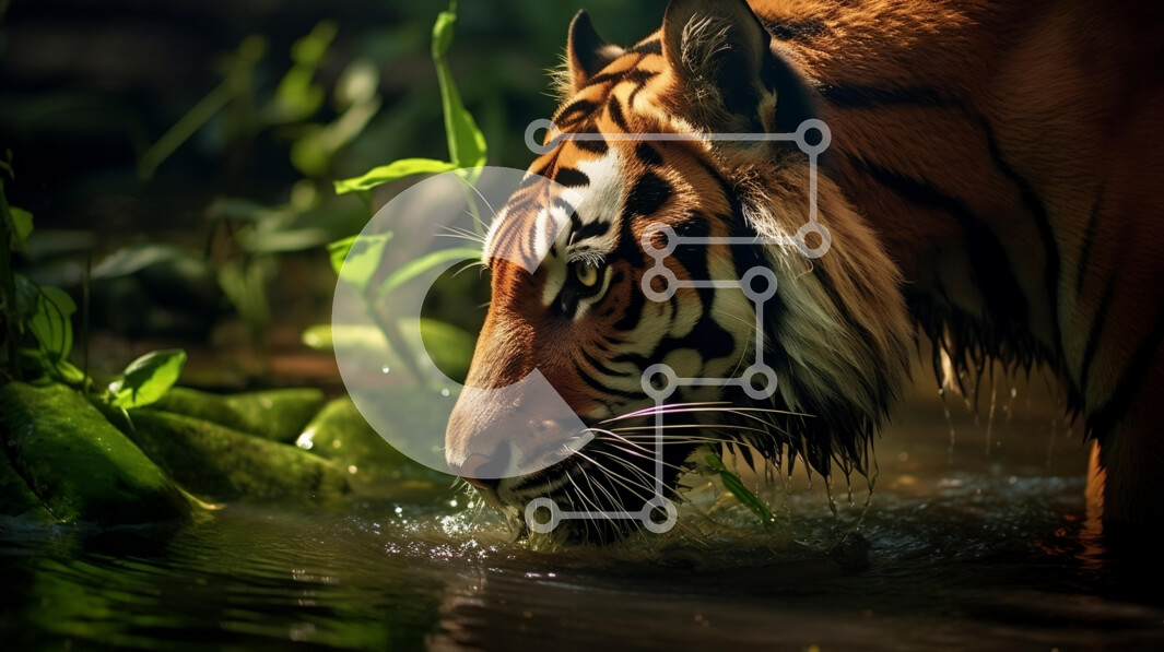 Σετ των 2 Intra Συλλεκτικό Ξύλινο Παζλ Plywood  4mm - Τίγρης που πίνει νερό σε έναν καταπράσινο βιότοπο Σε Ξύλινο Κουτί - Διαστάσεις: 10x10 cm – 25 κομμάτια