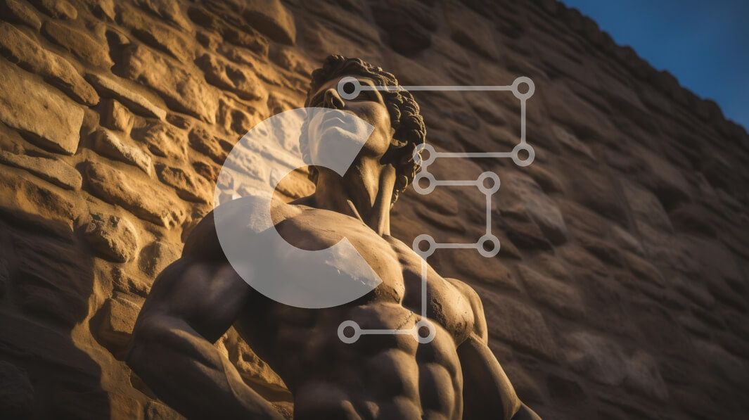 Intra Συλλεκτικό Ξύλινο Παζλ Plywood  4mm - Μυώδες ανδρικό άγαλμα ενάντια σε έναν πέτρινο τοίχο Σε Ξύλινο Κουτί - Διαστάσεις Puzzle: 10x10 cm – 25 κομμάτια