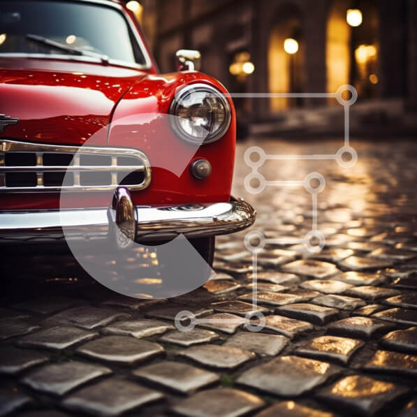 Intra Συλλεκτικό Ξύλινο Παζλ Plywood  4mm - Vintage κόκκινο αυτοκίνητο στις πλακόστρωτες οδούς Σε Ξύλινο Κουτί - Διαστάσεις Puzzle: 10x10 cm – 25 κομμάτια