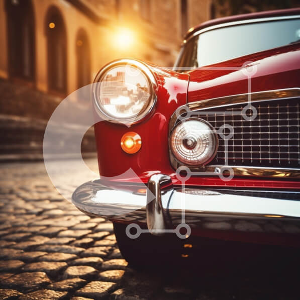 Intra Συλλεκτικό Ξύλινο Παζλ Plywood  4mm - Κλασικό κόκκινο αυτοκίνητο στη λιθόστρωτη οδό στο ηλιοβασίλεμα Σε Ξύλινο Κουτί - Διαστάσεις Puzzle: 10x10 cm – 25 κομμάτια