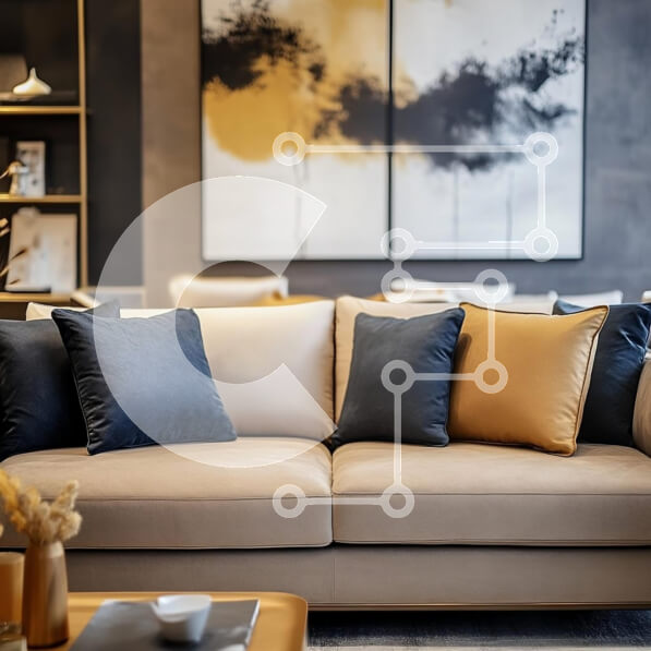 Intra Συλλεκτικό Ξύλινο Παζλ Plywood  4mm - Μοντέρνο σαλόνι με μπεζ καναπέ και αφηρημένη τέχνη Σε Ξύλινο Κουτί - Διαστάσεις Puzzle: 10x10 cm – 25 κομμάτια