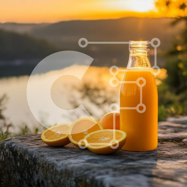 Σετ των 2 Intra Συλλεκτικό Ξύλινο Παζλ Plywood  4mm - Μπουκάλι χυμό πορτοκαλιού με κομμένα πορτοκάλια στο ηλιοβασίλεμα Σε Ξύλινο Κουτί - Διαστάσεις: 10x10 cm – 25 κομμάτια