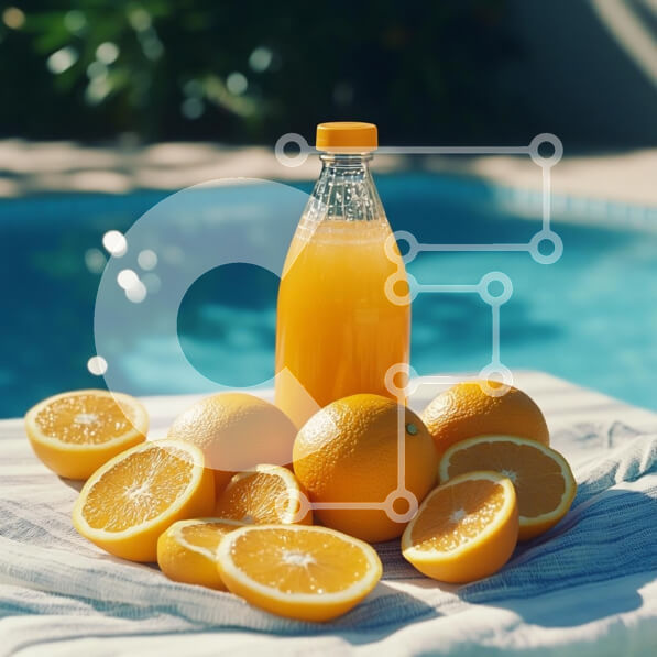 Σετ των 2 Intra Συλλεκτικό Ξύλινο Παζλ Plywood  4mm - Μπουκάλι χυμό πορτοκάλι με φρέσκα πορτοκάλια δίπλα στην πισίνα Σε Ξύλινο Κουτί - Διαστάσεις: 10x10 cm – 25 κομμάτια