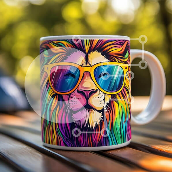 Intra Συλλεκτικό Ξύλινο Παζλ Plywood  4mm - Πολύχρωμη κούπα λιονταριού με γυαλιά ηλίου σε ξύλινη επιφάνεια Σε Ξύλινο Κουτί - Διαστάσεις: 10x10 cm – 25 κομμάτια