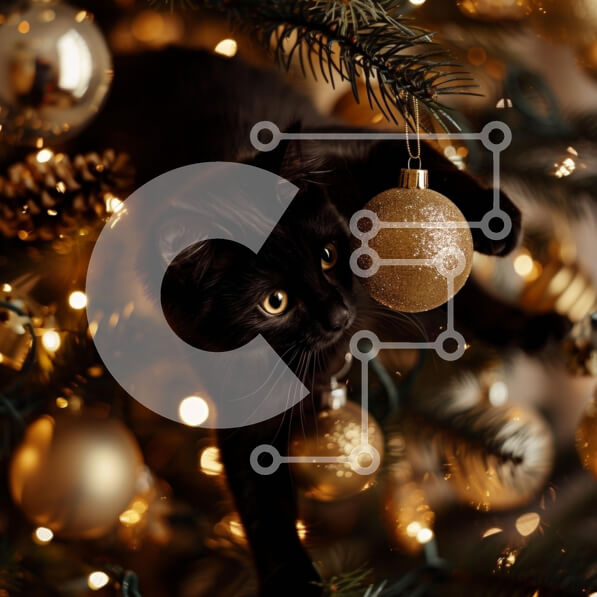 Intra Συλλεκτικό Ξύλινο Παζλ Plywood  4mm - Παιχνιδιάρικη μαύρη γάτα στο χριστουγεννιάτικο δέντρο Σε Ξύλινο Κουτί - Διαστάσεις: 10x10 cm – 25 κομμάτια