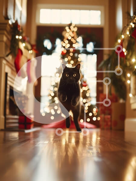 Σετ των 2 Intra Συλλεκτικό Ξύλινο Παζλ Plywood  4mm - Παιχνιδιάρικη μαύρη γάτα που χοροπηδάει σε ένα γιορτινά διακοσμημένο σπίτι Σε Ξύλινο Κουτί - Διαστάσεις: 10x10 cm – 25 κομμάτια