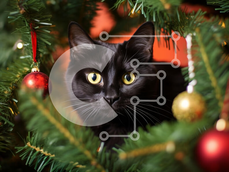 Σετ των 2 Intra Συλλεκτικό Ξύλινο Παζλ Plywood  4mm - Περίεργη μαύρη γάτα στο χριστουγεννιάτικο δέντρο Σε Ξύλινο Κουτί - Διαστάσεις: 10x10 cm – 25 κομμάτια