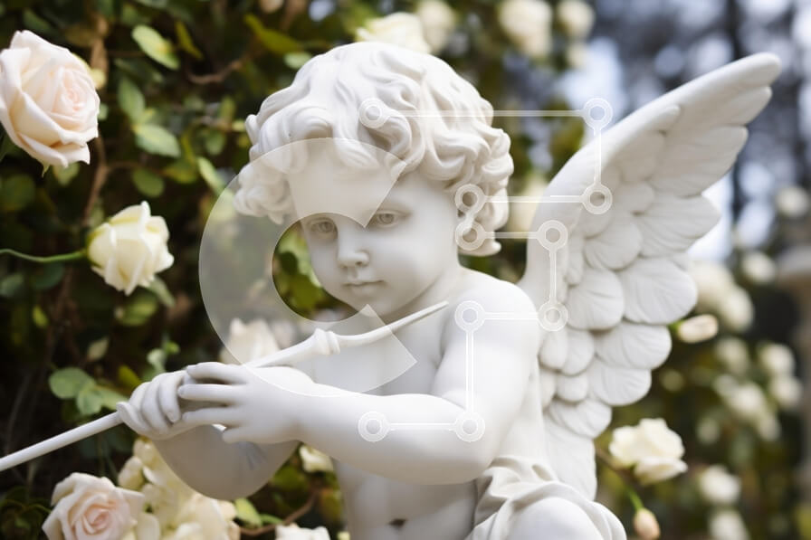 Intra Συλλεκτικό Ξύλινο Παζλ Plywood  4mm - Μαρμάρινο άγαλμα αγγέλου ανάμεσα σε τριαντάφυλλα Σε Ξύλινο Κουτί - Διαστάσεις Puzzle: 10x10 cm – 25 κομμάτια