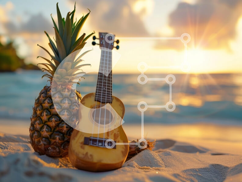 Intra Συλλεκτικό Ξύλινο Παζλ Plywood  4mm - Γιουκαλίλι και ανανάς στην παραλία στο ηλιοβασίλεμα Σε Ξύλινο Κουτί - Διαστάσεις: 10x10 cm – 25 κομμάτια