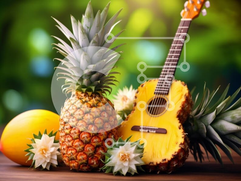 Σετ των 2 Intra Συλλεκτικό Ξύλινο Παζλ Plywood  4mm - Τροπικά φρούτα με κιθάρα ανανά Σε Ξύλινο Κουτί - Διαστάσεις: 10x10 cm – 25 κομμάτια