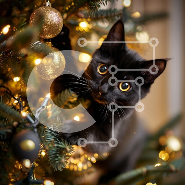 Intra Συλλεκτικό Ξύλινο Παζλ Plywood  4mm - Παιχνιδιάρικη μαύρη γάτα ανάμεσα σε διακοσμήσεις χριστουγεννιάτικων δέντρων Σε Ξύλινο Κουτί - Διαστάσεις: 10x10 cm – 25 κομμάτια