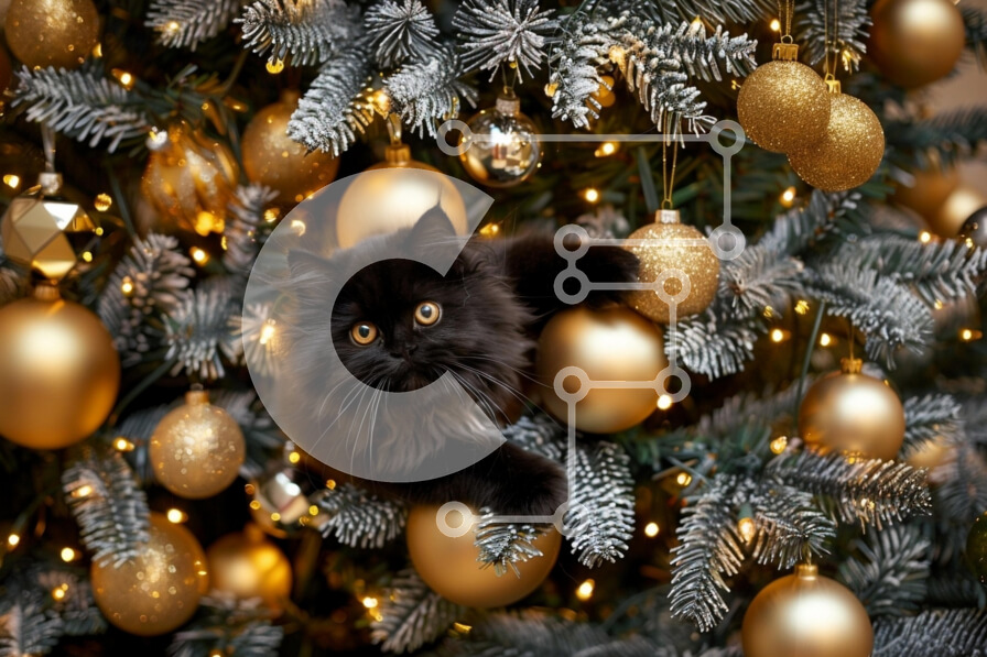 Σετ των 2 Intra Συλλεκτικό Ξύλινο Παζλ Plywood  4mm - Μαύρη γάτα σε χριστουγεννιάτικο δέντρο με χρυσά στολίδια Σε Ξύλινο Κουτί - Διαστάσεις: 10x10 cm – 25 κομμάτια