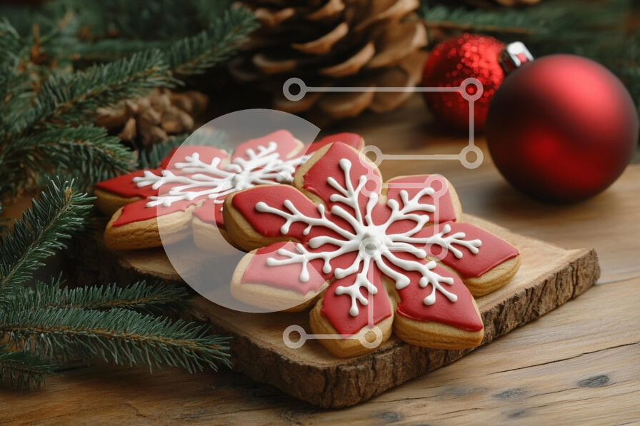 Intra Συλλεκτικό Ξύλινο Παζλ Plywood  4mm - Μπισκότα νιφάδας χιονιού σε ξύλινη επιφάνεια με διακόσμηση διακοπών Σε Ξύλινο Κουτί - Διαστάσεις: 10x10 cm – 25 κομμάτια