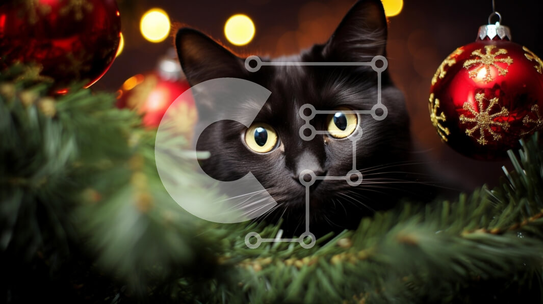 Intra Συλλεκτικό Ξύλινο Παζλ Plywood  4mm - Μαύρη γάτα ανάμεσα στις χριστουγεννιάτικες διακοσμήσεις Σε Ξύλινο Κουτί - Διαστάσεις: 10x10 cm – 25 κομμάτια