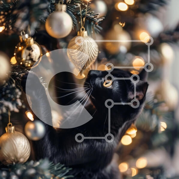 Intra Συλλεκτικό Ξύλινο Παζλ Plywood  4mm - Παιχνιδιάρικη μαύρη γάτα με χριστουγεννιάτικο δέντρο Σε Ξύλινο Κουτί - Διαστάσεις: 10x10 cm – 25 κομμάτια