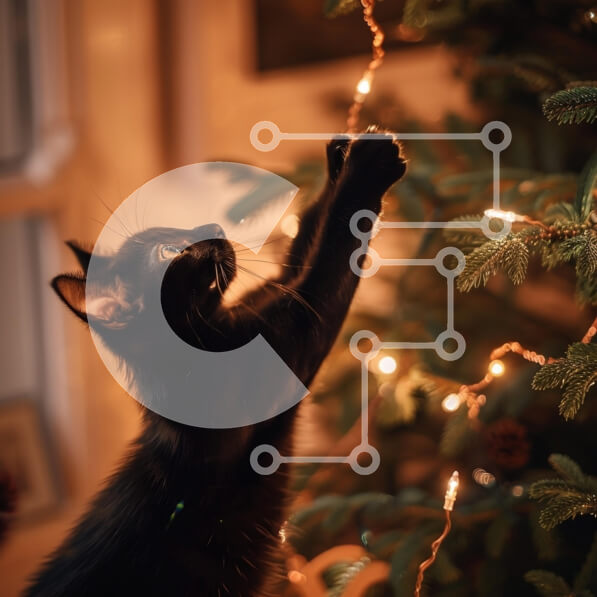 Intra Συλλεκτικό Ξύλινο Παζλ Plywood  4mm - Μαύρη γάτα που παίζει με τα χριστουγεννιάτικα φώτα Σε Ξύλινο Κουτί - Διαστάσεις: 10x10 cm – 25 κομμάτια