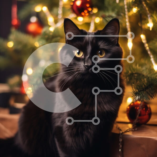 Intra Συλλεκτικό Ξύλινο Παζλ Plywood  4mm - Μαύρη γάτα μπροστά από το χριστουγεννιάτικο δέντρο Σε Ξύλινο Κουτί - Διαστάσεις: 10x10 cm – 25 κομμάτια