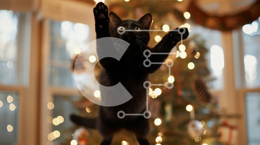 Σετ των 2 Intra Συλλεκτικό Ξύλινο Παζλ Plywood  4mm - Παιχνιδιάρικη μαύρη γάτα μπροστά από το χριστουγεννιάτικο δέντρο Σε Ξύλινο Κουτί - Διαστάσεις: 10x10 cm – 25 κομμάτια