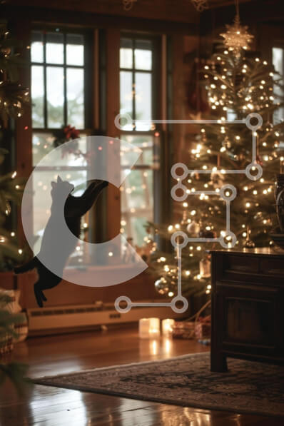 Σετ των 2 Intra Συλλεκτικό Ξύλινο Παζλ Plywood  4mm - Παιχνιδιάρικη μαύρη γάτα σε ένα διακοσμημένο δωμάτιο για διακοπές Σε Ξύλινο Κουτί - Διαστάσεις: 10x10 cm – 25 κομμάτια