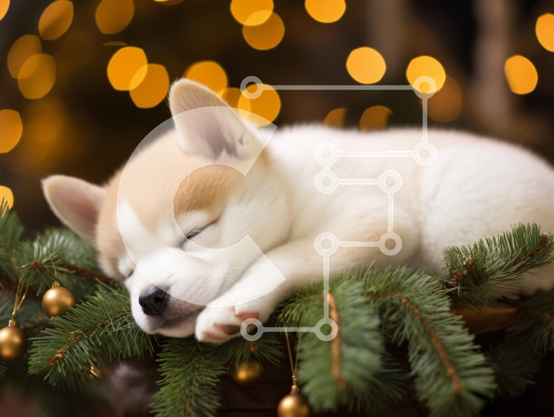 Σετ των 2 Intra Συλλεκτικό Ξύλινο Παζλ Plywood  4mm - Κουτάβι που κοιμάται σε κλαδιά πεύκου με εορταστικά φώτα Σε Ξύλινο Κουτί - Διαστάσεις: 10x10 cm – 25 κομμάτια