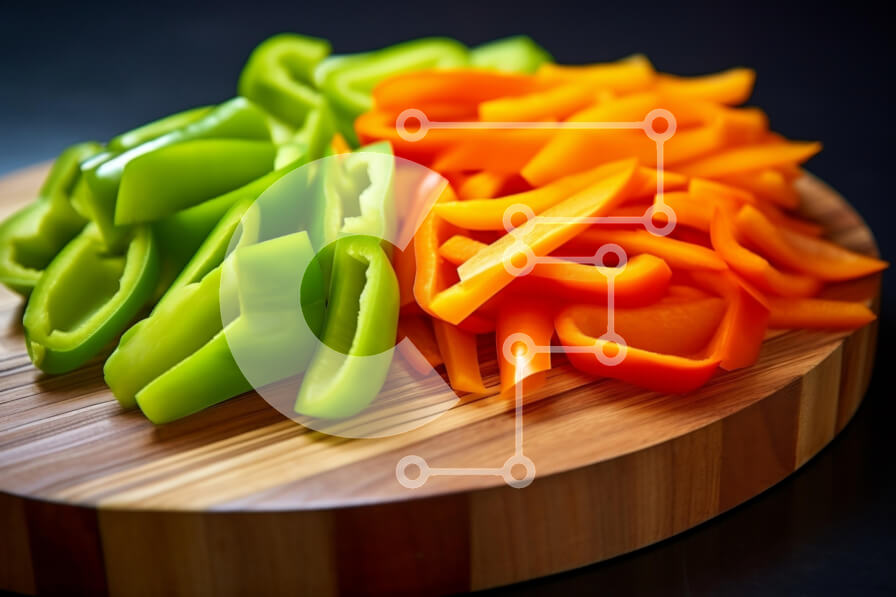 Σετ των 2 Intra Συλλεκτικό Ξύλινο Παζλ Plywood  4mm - Φέτες πράσινες και πορτοκαλί πιπεριές σε ένα ξύλο κοπής Σε Ξύλινο Κουτί - Διαστάσεις: 10x10 cm – 25 κομμάτια