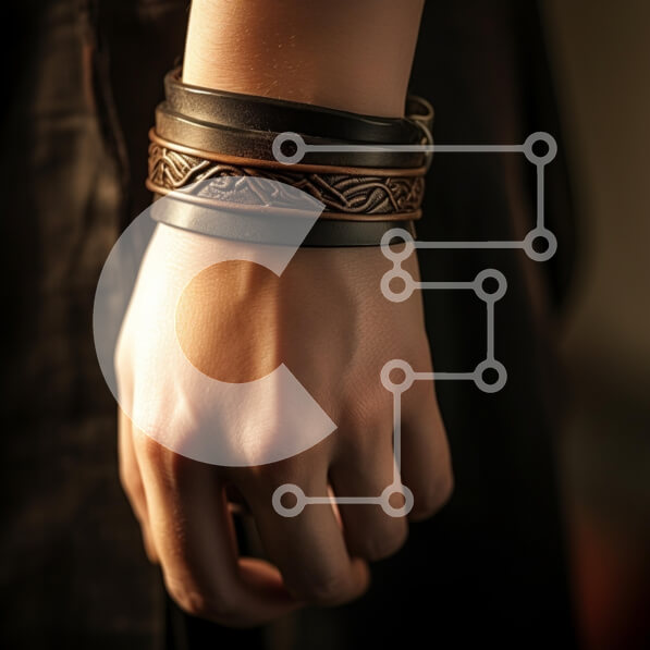 Σετ των 2 Intra Συλλεκτικό Ξύλινο Παζλ Plywood  4mm - Κοντινό πλάνο ενός χεριού με δερμάτινα και διακοσμητικά βραχιόλια Σε Ξύλινο Κουτί - Διαστάσεις: 10x10 cm – 25 κομμάτια