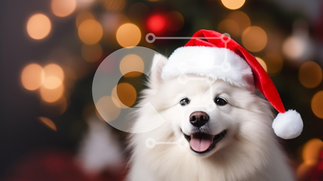 Intra Συλλεκτικό Ξύλινο Παζλ Plywood  4mm - Ευτυχισμένος σκύλος Samoyed με καπέλο Άγιου Βασίλη Σε Ξύλινο Κουτί - Διαστάσεις: 10x10 cm – 25 κομμάτια