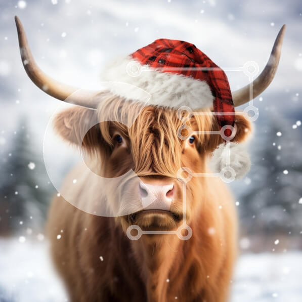 Intra Συλλεκτικό Ξύλινο Παζλ Plywood  4mm - Αγελάδα Highland με καπέλο Santa κατά τη διάρκεια του χειμώνα Σε Ξύλινο Κουτί - Διαστάσεις: 10x10 cm – 25 κομμάτια